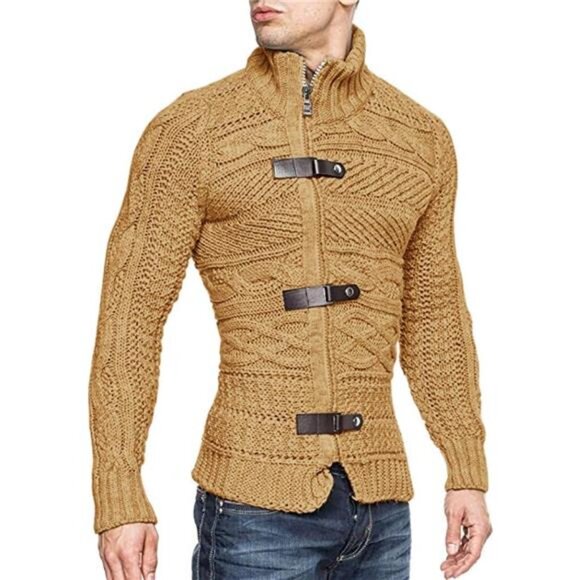 Men's Cable Knitted Oplique Zip Button Front Long Sleeve Cardigan Sweater - Picture 2 of 7